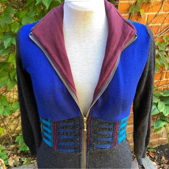Patchwork Upcycled Sweaters Small Blue Red Gray Zip Up Sustainable Wool Acrylic - Picture 4 of 7